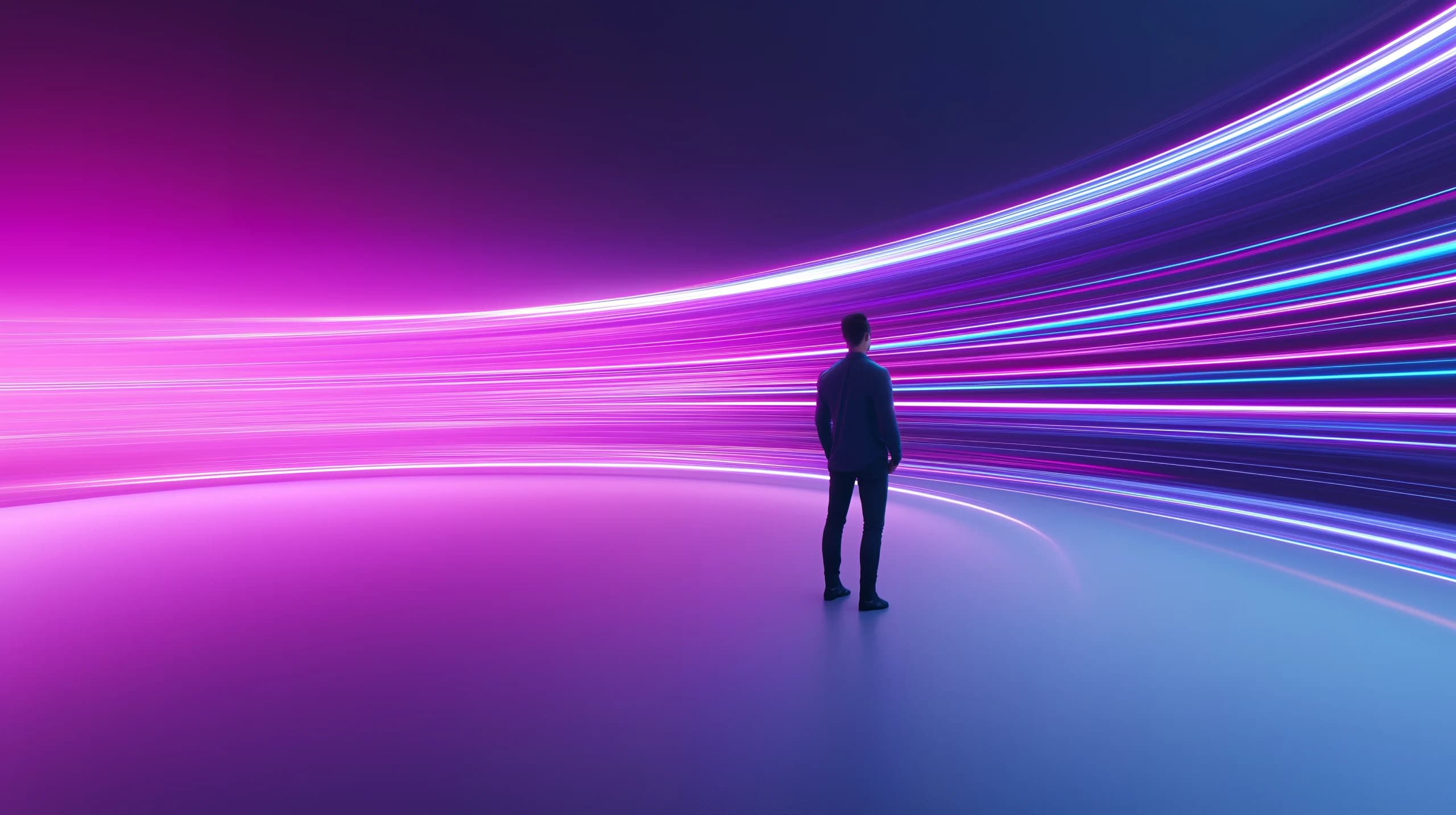 man-suit-stands-front-glowing-purple-blue-neon-light-tunnel