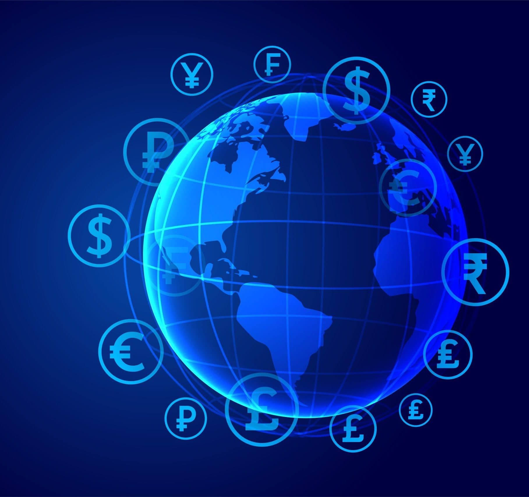 global virtual money transfer techno concept background in set